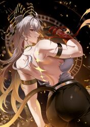 1girl absurdres arm_strap ass bare_shoulders black_choker black_gloves black_horns black_pants breasts choker commentary curled_horns earrings from_behind gloves grey_hair highres horns jewelry key_earrings large_breasts long_hair looking_at_viewer looking_back median_furrow mouth_hold necktie necktie_around_wrists pants profile red_eyes red_necktie revision shirt shirt_tucked_in shoulder_blades solo tacet_mark_(wuthering_waves) tail thuban_ap tight_clothes tight_pants torn_clothes torn_shirt very_long_hair white_shirt wuthering_waves zani_(wuthering_waves)