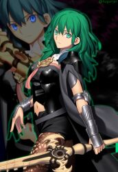 1girl armor black_armor black_coat black_shirt black_shorts blue_eyes blue_hair bodice breasts brown_pantyhose closed_mouth clothing_cutout coat commentary_request cowboy_shot crop_top d12-nelth female_byleth_(enlightened)_(fire_emblem) female_byleth_(fire_emblem) fire_emblem fire_emblem:_three_houses green_hair green_outline hair_between_eyes holding holding_sword holding_weapon large_breasts long_hair looking_at_viewer navel navel_cutout nintendo outline pantyhose pantyhose_under_shorts parody patterned_legwear print_pantyhose shirt short_shorts short_sleeves shorts sidelocks solo standing style_parody sword sword_of_the_creator takeuchi_takashi_(style) twitter_username vambraces weapon zoom_layer