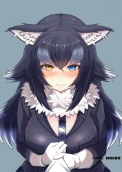 1girl animal_ear_fluff animal_ears black_hair blue_eyes blush coat ears_down fang fang_out from_above fur_collar gloves grey_coat grey_hair grey_necktie grey_wolf_(kemono_friends) hair_between_eyes heterochromia highres kemono_friends long_hair long_sleeves looking_at_viewer looking_up multicolored_hair necktie plaid_clothes plaid_necktie poru_(tohopunk) shirt_tug sidelocks solo tearing_up upper_body white_fur white_gloves white_hair wolf_ears wolf_girl yellow_eyes