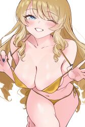 1girl ;o absurdres bikini blonde_hair blue_eyes blush breasts cleavage commentary daria_(user_hktv8452) english_commentary genshin_impact gold_bikini highres holding_strap large_breasts long_hair looking_at_viewer nail_polish navel navia_(genshin_impact) one_eye_closed simple_background solo stomach swimsuit thighs very_long_hair white_background