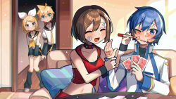 2boys 2girls bass_clef blonde_hair blue_eyes blue_hair blush bow breasts brown_hair card choker cleavage coat commentary crop_top detached_sleeves drawing_on_another&#039;s_face hair_bow hair_ornament hair_ribbon hairclip happy headphones headset highres holding holding_another&#039;s_wrist holding_card indoors kagamine_len kagamine_rin kaito_(vocaloid) kakosa_sama leg_warmers looking_at_viewer meiko_(vocaloid) midriff multiple_boys multiple_girls necktie one_eye_closed open_mouth playing_card ribbon sailor_collar shirt short_hair shorts sitting skirt smile treble_clef vocaloid white_bow white_coat yellow_necktie
