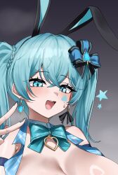 1girl absurdres animal_ears aqua_eyes aqua_hair arm_strap armpit_crease bare_shoulders black_survival bow bowtie braided_twintails breasts cleavage detached_collar earrings emma_hardy eternal_return:_black_survival facial_mark fake_animal_ears gradient_background hahyaha hair_bow hair_ornament hairband heart highres jewelry large_breasts long_hair looking_at_viewer nail_polish open_mouth rabbit_ears smile solo spade_hair_ornament twintails upper_body v