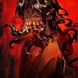 1boy black_hair chinese_clothes chinese_commentary coin coin_mask coin_on_string covered_mouth creature dao_gui_yi_xian floating_hair hanfu highres holed_coin li_huowang li_sui_(tentacles) long_hair looking_at_viewer male_focus mask mouth_veil red_background red_eyes red_hanfu red_theme skipperfusen solo tentacle_in_mouth tentacles upper_body veil