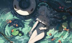 1girl artist_name blue_archive blue_halo blue_one-piece_swimsuit closed_eyes frilled_one-piece_swimsuit frills grey_hair hair_down halo highres lily_pad long_hair loong_(loong_blo) lying miyako_(blue_archive) miyako_(swimsuit)_(blue_archive) official_alternate_costume one-piece_swimsuit parted_lips sleeping solo swim_ring swimsuit water