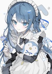 1girl alternate_costume apron black_bow black_bowtie black_dress blue_eyes blue_hair blush bow bowtie candy closed_mouth commentary cowboy_shot dress enmaided fish_skeleton_hair_ornament food frilled_apron frills heart heart-shaped_food heart-shaped_lollipop highres holding holding_candy holding_food holding_lollipop kiritani_haruka lollipop long_hair long_sleeves looking_at_viewer maid maid_headdress nong_345 project_sekai shaped_lollipop simple_background smile solo stuffed_animal stuffed_penguin stuffed_toy symbol-only_commentary twitter_username white_apron white_background
