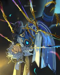 1boy black_gloves black_pants blue_jacket coattails commentary earrings english_commentary gloves gold_earrings gold_trim grandaloe grey_hair halo halo_behind_head hands_up head_wings highres honkai:_star_rail honkai_(series) instagram_username jacket jewelry light_particles looking_at_viewer male_focus medium_hair multicolored_jacket pants parted_lips restrained ring scarf short_sleeves solo spiked_halo sunday_(honkai:_star_rail) thigh_strap thorns two-tone_jacket upside-down white_jacket white_scarf white_wings wings yellow_eyes