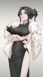 Rule 34 | 1girl, :3, \||/, absurdres, black cat, black dress, black eyes, black hair, bracelet, breasts, cat, china dress, chinese clothes, closed mouth, covered navel, cross-laced clothes, cross-laced dress, crossed arms, curtained hair, dress, fingernails, forehead, fur scarf, gold bracelet, gradient background, green hair, hair ornament, hairclip, hairpin, highleg, highres, jeelee, jewelry, legs together, looking at viewer, mature female, medium breasts, medium hair, mole, multicolored hair, nose, nostrils, original, red lips, shadow, short sleeves, side slit, simple background, single bare leg, solo, standing, two-tone hair, watermark, whiskers, yellow eyes