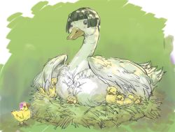 animal_focus animalization bad_id bad_pixiv_id bird black_hair blonde_hair blush bob_cut bruno_bucciarati duck duckling giorno_giovanna guido_mista hat in_nest jojo_no_kimyou_na_bouken leone_abbacchio narancia_ghirga nest no_humans pannacotta_fugo parody pink_hair shicewlysml trish_una vento_aureo
