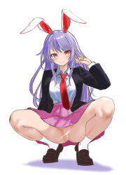 1girl animal_ears blazer highres jacket light_censor long_hair miniskirt necktie no_panties purple_hair pussy pussy_juice rabbit_ears rabbit_girl red_eyes reisen_udongein_inaba skirt smile soara_shimomo squatting touhou