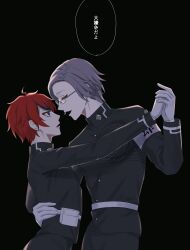 2boys absurdres aotsuki_eito armpits belt black_background black_hair black_pants black_shirt blue_eyes closed_eyes dancing eyelashes glasses gloves height_difference highres last_defense_academy_school_uniform looking_at_another looking_up male_focus multicolored_hair multiple_boys pants red_hair shirt simple_background sumino_takumi the_hundred_line_-last_defense_academy- white_gloves white_hair yaoi