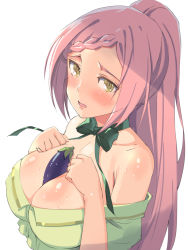 10s 1girl bare_shoulders between_breasts blush breasts female_focus food green_eyes highres large_breasts long_hair looking_at_viewer michairu no-rin open_mouth ponytail red_hair sexually_suggestive shiny_skin simple_background solo sweat white_background yoshida_kochou