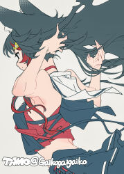 1girl absurdres animal_ears black_hair black_shirt black_skirt choker closed_mouth floating_hair hair_ornament hairpin highres hololive long_hair multicolored_hair ookami_mio ookami_mio_(1st_costume) red_choker red_hair shirt skirt smile streaked_hair tamo_(gaikogaigaiko) very_long_hair virtual_youtuber wolf_ears wolf_girl yellow_eyes