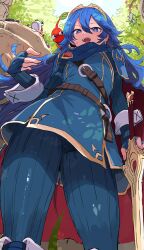 1girl absurdres belt belt_buckle blue_cape blue_eyes blue_gloves blue_hair blue_pikmin blush brand_of_the_exalt brown_belt buckle bulborb cameltoe cape character_name creature creature_on_shoulder crossover english_text engrish_text falchion_(fire_emblem) fingerless_gloves fire_emblem fire_emblem_awakening from_below gloves highres holding ishijimajirou leather_belt long_hair looking_at_viewer lucina_(fire_emblem) nintendo on_shoulder open_mouth pikmin_(creature) pikmin_(series) purple_pikmin ranguage red_cape red_pikmin ribbed_pants ribbed_sleeves smile super_smash_bros. sweat sweatdrop sword thighs tiara tree two-tone_cape weapon wrist_cuffs yellow_pikmin