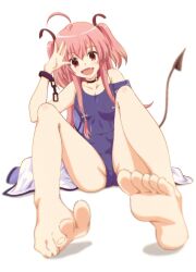 Rule 34 | 1girl, :d, ahoge, alternate costume, angel beats!, arar0158, bare legs, bare shoulders, barefoot, black choker, blue one-piece swimsuit, blurry, blush, breasts, choker, collarbone, demon tail, depth of field, fake tail, fang, feet, foot focus, foreshortening, hair between eyes, hand up, happy, hashtag-only commentary, highres, knees up, long hair, looking at viewer, o-ring, o-ring choker, one-piece swimsuit, open mouth, pink hair, red eyes, salute, sidelocks, simple background, single handcuff, sitting, skin fang, small breasts, smile, soles, solo, spread legs, strap slip, swimsuit, tail, toes, two side up, white background, yui (angel beats!)