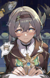 ! 2girls absurdres anger_vein animal_ears black_gloves black_hairband black_jacket blush breasts bridal_gauntlets closed_mouth firefly_(honkai:_star_rail) gloves grey_hair hair_between_eyes hair_intakes hair_ornament hairband hands_on_another&#039;s_chest highres holding honkai:_star_rail honkai_(series) jacket large_breasts multiple_girls neckerchief orange_neckerchief pov shanyouyini solo_focus speech_bubble stelle_(honkai:_star_rail) trailblazer_(honkai:_star_rail) yellow_eyes