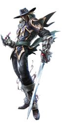 1boy absurdres bandai_namco blonde_hair gauntlets hat highres kawano_takuji male_focus official_art raphael_sorel rapier red_eyes shaded_face solo soul_calibur soulcalibur_v sword vampire weapon