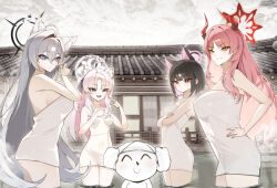Rule 34 | 1boy, 4girls, absurdres, animal ear fluff, animal ears, architecture, bare arms, bare shoulders, black hair, black halo, blue archive, blush, broken halo, cat ears, cat girl, closed mouth, colored inner animal ears, colored inner hair, crossed arms, crossed bangs, demon girl, demon horns, doodle sensei (blue archive), east asian architecture, extra ears, fox ears, fox girl, hair between eyes, halo, hand on own hip, highres, horns, kazusa (blue archive), kuzunoha (blue archive), long hair, looking at another, micasa tto, multicolored hair, multiple girls, naked towel, onsen, open mouth, pink hair, pink halo, red eyes, red halo, satsuki (blue archive), sensei (blue archive), shiroko (blue archive), short hair, smile, towel, two-tone hair, two side up, wolf ears, wolf girl