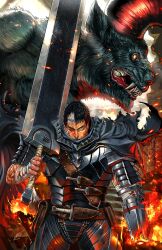 2boys adam_ryu_ford armor berserk black_hair guts_(berserk) highres holding holding_sword holding_weapon huge_weapon knife looking_at_viewer male_focus monster multicolored_hair multiple_boys plate_armor sharp_teeth sheath sheathed solo sword teeth two-tone_hair weapon white_hair zodd_(berserk)