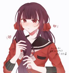1girl black_sailor_collar blush bow breast_pocket danganronpa_(series) danganronpa_v3:_killing_harmony grey_bow hair_ornament hairclip harukawa_maki heart highres long_hair long_sleeves low_twintails mole mole_under_eye nene_(ne_ne1109) pocket pout red_eyes red_shirt sailor_collar shirt simple_background solo translation_request twintails upper_body white_background