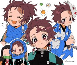 1boy 1girl :d ^_^ bamboo bit_gag blue_kimono blue_scarf blush bright_pupils brown_eyes brown_hair checkered_clothes checkered_haori closed_eyes closed_mouth earrings gag hanafuda_earrings haori holding holding_sword holding_weapon japanese_clothes jewelry kamado_nezuko kamado_tanjirou kimetsu_no_yaiba kimono long_sleeves looking_at_viewer multiple_views open_mouth scar scar_on_face scar_on_forehead scarf short_hair simple_background smile sun sword twitter_username v-shaped_eyebrows weapon white_background white_pupils zettai_22