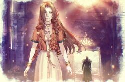 1boy 1girl aerith_gainsborough armor bangle black_coat bracelet breasts brick_wall brooch brown_hair buttons choker church cleavage closed_mouth coat cropped_jacket dated dress final_fantasy final_fantasy_vii final_fantasy_vii_rebirth final_fantasy_vii_remake flower_brooch flower_choker green_eyes grey_hair jacket jewelry kay-i long_bangs long_coat long_dress long_hair looking_at_viewer medium_breasts pauldrons pink_dress red_jacket sephiroth short_sleeves shoulder_armor sidelocks smile sunlight twitter_username upper_body wavy_hair