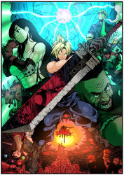 4girls 6+boys abs absurdres aerith_gainsborough barret_wallace beard black_hair blonde_hair buster_sword cait_sith_(final_fantasy) cid_highwind cigarette city cloak cloud_strife crop_top dark-skinned_male dark_skin elbow_gloves elbow_pads elena_(ff7) everyone facial_hair feather_hair_ornament feathers final_fantasy final_fantasy_vii fingerless_gloves gloves glowing goggles goggles_on_head gun hair_ornament handgun highres materia meteor midair multiple_boys multiple_girls muscular muscular_female red_xiii reno_(ff7) rude_(ff7) scarf sephiroth serious shuriken spiked_hair square_enix suspenders sword tank_top tifa_lockhart turks_(ff7) user_xgxj2774 vincent_valentine weapon white_tank_top yuffie_kisaragi
