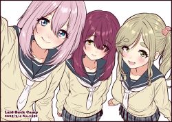 3girls :d blonde_hair blue_eyes breasts brown_hair eyes_visible_through_hair fang green_eyes hair_bobbles hair_ornament hair_over_one_eye inuyama_aoi jagi_(jagi_souken) kagamihara_nadeshiko large_breasts long_hair multiple_girls open_mouth pink_hair sailor_collar school_uniform selfie side_ponytail skin_fang smile thick_eyebrows toki_ayano white_background yellow_eyes yurucamp