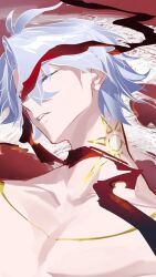 1boy antenna_hair closed_eyes commentary english_commentary highres honkai_(series) honkai_impact_3rd male_focus neck_tattoo ourkeys118838 parted_bangs parted_lips phainon_(honkai:_star_rail) short_hair solo sun_symbol sun_tattoo tan tattoo topless_male upper_body white_hair