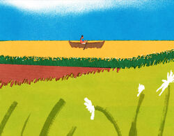 1other black_hair blue_sky boat cloud day field flower highres holding holding_oar iida_kento oar orange_vest original outdoors rowboat sky solo vest