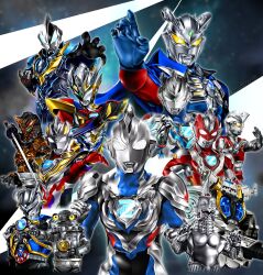 Rule 34 | 5boys, alien, arm cannon, armor, beliarok, black armor, black skin, blue armor, blue cape, blue eyes, blue gemstone, blue skin, blurry, blurry background, breastplate, brown armor, cape, claw pose, clenched hands, collarbone, color timer, colored skin, commentary, compound eyes, cropped torso, crystal, curled fingers, doppelganger, dorsal fin, eye slugger, fighting stance, forehead jewel, full armor, gem, gleam, glowing, glowing eyes, green eyes, green gemstone, hands up, hanejidyna86, highres, holding, holding sword, holding weapon, horns, jugglus juggler, katana, king joe storage custom, looking ahead, looking at viewer, male focus, mecha, multicolored skin, multiple boys, multiple forms, muscular, muscular male, orange skin, outstretched arm, outstretched hand, pectorals, pointy ears, purple skin, red skin, robot, scar, scar on chest, sevenger, shoulder armor, shoulder pads, silver armor, silver skin, single horn, sword, tokusatsu, toned, toned male, twitter username, ultra series, ultraman ace, ultraman geed, ultraman geed (galaxy rising), ultraman z, ultraman z (alpha edge), ultraman z (beta smash), ultraman z (delta rise claw), ultraman z (gamma future), ultraman z (original), ultraman z (series), ultraman zero, ultroid zero, upper body, weapon, white eyes, windom, wrinkled skin, yellow eyes