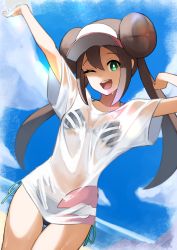 1girl ;d absurdres arms_up beach bikini bikini_under_clothes blue_sky breasts brown_hair cloud double_bun dutch_angle green_eyes hair_bun halterneck highres long_hair looking_at_viewer nintendo no_pants ocean one_eye_closed open_mouth poke_ball_print pokemon pokemon_bw2 pyonsan rosa_(pokemon) see-through_clothes see-through_shirt shirt side-tie_bikini_bottom sidelocks sky small_breasts smile solo stretching string_bikini swimsuit t-shirt teeth thigh_gap thighs twintails upper_teeth_only visor_cap wet wet_clothes wet_shirt white_shirt