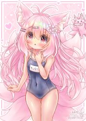 1girl ahoge animal_ear_fluff animal_ears blue_one-piece_swimsuit blush covered_navel flower fox_ears fox_girl fox_tail gluteal_fold hair_flower hair_ornament hairclip heart highres hyakumensou_ms_rs4-x long_hair multiple_tails name_tag old_school_swimsuit one-piece_swimsuit open_mouth original pink_eyes pink_hair school_swimsuit solo swimsuit tail thigh_gap thighs
