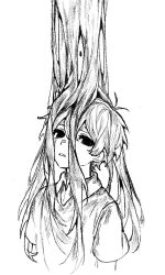 1boy absurdres antenna_hair collared_shirt double-parted_bangs empty_eyes from_above greyscale hair_between_eyes hashtag-only_commentary highres looking_at_viewer makucrp male_focus monochrome no_pupils omori parted_lips shirt short_hair short_sleeves simple_background solo something_(omori) spoilers sunny_(omori) sweater_vest upper_body very_short_hair white_background