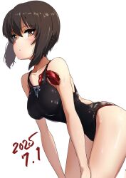 Rule 34 | 1girl, black one-piece swimsuit, breasts, brown hair, buchikaki, covered navel, girls und panzer, highres, insignia, nishizumi maho, one-piece swimsuit, school swimsuit, short hair, solo, swimsuit