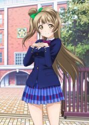 1girl anime_coloring blazer blue_jacket blue_skirt blush bow bowtie brown_hair cowboy_shot day diagonal-striped_bow diagonal-striped_bowtie diagonal-striped_clothes dress_shirt entrance green_bow hair_bow hands_up hirayama_madoka jacket lamppost long_hair long_sleeves looking_at_viewer love_live! love_live!_school_idol_festival love_live!_school_idol_project minami_kotori miniskirt official_art one_side_up otonokizaka_school_uniform outdoors own_hands_together plaid_clothes plaid_skirt pleated_skirt red_bow red_bowtie school school_uniform shirt skirt smile solo striped_clothes tile_floor tiles tree white_shirt window winter_uniform yellow_eyes