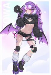 1girl absurdres bandaid bandaid_on_leg bat_wings belt black_shrug blush braid cross cross_earrings demon_tail demon_wings ear_piercing earrings english_text engrish_text eyelashes eyewear_on_head fang gloves gradient_background green_eyes hair_between_eyes hair_ornament heart heart_tattoo highres holding holding_megaphone hololive jewelry kkato knee_pads light_smile long_hair long_sleeves low_twintails megaphone micro_shorts midriff multicolored_hair navel navel_piercing official_alternate_costume piercing pouch puffy_long_sleeves puffy_sleeves purple_hair ranguage shorts shrug_(clothing) sidelocks single_braid skin_fang smile solo sunglasses tail tattoo thigh_pouch thigh_strap tokoyami_towa tokoyami_towa_(cyberpunk) twintails two-tone_hair very_long_hair virtual_youtuber wings