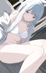 Rule 34 | 1girl, bikini, birrrrrrri18, blue archive, braid, colored eyelashes, grey eyes, hair ornament, halo, highres, long hair, nagusa (blue archive), nagusa (swimsuit) (blue archive), navel, official alternate costume, snowflake hair ornament, solo, swimsuit, white bikini, white eyelashes, white halo