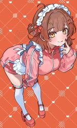 1girl :q absurdres ahoge alternate_costume amashi_2278 blush breasts brown_hair commentary_request dotted_line enmaided fingernails frilled_hairband frills full_body gakuen_idolmaster hairband hanami_ume highres idolmaster jacket jersey_maid large_breasts leaning_forward long_sleeves looking_at_viewer maid nail_polish pink_jacket platform_shoes purple_hair red_shoes shoes smile solo thighhighs tongue tongue_out track_jacket unconventional_maid white_apple white_thighhighs