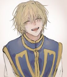 1boy api_(ppi_52) blonde_hair blue_tabard closed_eyes happy highres hunter_x_hunter kurapika long_sleeves male_focus messy_hair open_mouth shirt short_hair simple_background solo tabard teeth tongue upper_body white_background white_shirt yellow_trim