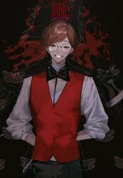 1boy absurdres alastor_(hazbin_hotel) alastor_(human)_(hazbin_hotel) albino_(a1b1n0623) axe black_bow black_bowtie black_pants blood bow bowtie brown_hair glasses grin hazbin_hotel highres holding holding_axe holding_behind_back holding_weapon_behind_back looking_at_viewer male_focus narrowed_eyes pants red_vest shirt smile solo teeth vest white_shirt