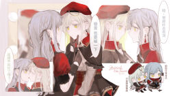 2girls adjusting_another&#039;s_clothes ascot bang_dream! bang_dream!_it&#039;s_mygo!!!!! belt belt_buckle beret black_capelet black_gloves black_overskirt black_ribbon black_shoes black_wrist_cuffs blue_hair blurry brown_belt buckle capelet chibi chibi_inset chinese_commentary chinese_text closed_eyes closed_mouth collar colored_eyelashes commentary_request cosmetics dragging earrings english_text expressionless eye_contact face-to-face frilled_wrist_cuffs frills gloves green_hair grey_shirt hair_ribbon half_gloves hand_on_another&#039;s_chin hands_up hat heads_together highres holding holding_lipstick_tube holding_phone incoming_kiss jewelry ki3wii lipstick_tube long_sidelocks long_sleeves looking_at_another mortis_(bang_dream!) mortis_(costume)_(bang_dream!) multiple_girls multiple_views oblivionis_(bang_dream!) one_side_up parted_lips phone profile puffy_short_sleeves puffy_sleeves red_collar red_hat red_shirt red_shorts ribbon second-party_source see-through_clothes see-through_sleeves shirt shoes short_sleeves shorts sidelocks speech_bubble togawa_sakiko translation_request two-tone_shirt wakaba_mutsumi white_ascot white_background wrist_cuffs yellow_eyes yuri
