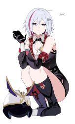 1girl bags_under_eyes bare_legs black_footwear black_gloves black_shirt black_shorts blue_eyes boots breasts cleavage elbow_gloves gloves hair_between_eyes hair_ornament highres holding holding_phone honkai:_star_rail honkai_(series) hsk10107 looking_at_viewer multicolored_hair numby_(honkai:_star_rail) phone shirt short_hair shorts squatting thighs topaz_(honkai:_star_rail) trotter_(honkai:_star_rail) two-tone_hair white_background