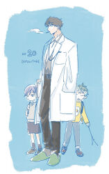 3boys :o aged_down amayado_rei ankle_socks bag belt ben-day_dots blue_background border breast_pocket child cigarette clipboard closed_eyes collared_shirt crime_prevention_buzzer dot_nose dotsuitare_hompo expressionless full_body hand_in_pocket highres holding holding_bag holding_clipboard holding_stick hypnosis_mic lab_coat lapels layered_shirt loafers long_sleeves male_focus multiple_boys no_mouth notched_lapels nurude_sasara pants pants_rolled_up parted_bangs pocket print_shirt screentones shirt shirt_tucked_in shoes short_hair shorts sketch slippers smoke smoking sneakers socks standing stick sweater tsutsujimori_rosho user_pusn4344 v-neck white_border wispy_bangs