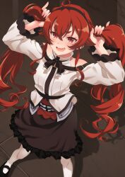 Rule 34 | 1girl, absurdres, alternate hairstyle, arms up, blush, breasts, bunching hair, eris greyrat, fang, feet, hairband, highres, legs, long hair, long skirt, looking at viewer, mushoku tensei, open mouth, pantyhose, playing with own hair, red eyes, red hair, skirt, small breasts, smile, teeth, thighs, tongue, twintails, very long hair