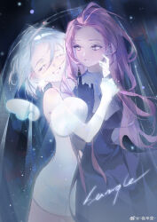 2girls absurdres alien_stage artist_name black_dress black_gloves closed_eyes commentary dress ghost gloves highres juan_xin_cai juliet_sleeves long_hair long_sleeves looking_at_another looking_to_the_side mini_wings mizi_(alien_stage) multiple_girls parted_lips pink_hair puffy_sleeves sample_watermark see-through_clothes see-through_veil shared_veil short_hair smile sua_(alien_stage) veil watermark weibo_watermark white_dress white_wings wings