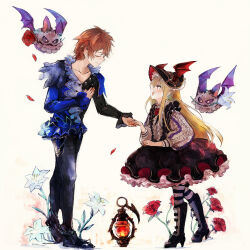 1boy 1girl :d bat_wings black_bonnet black_footwear black_skirt blonde_hair blue_shirt bonnet boots brown_hair closed_eyes fang flower full_body gran_(granblue_fantasy) granblue_fantasy hand_on_own_chest head_wings height_difference highres holding_hands knee_boots lantern long_hair long_sleeves open_mouth petals pointy_ears red_eyes red_flower red_rose rose rose_petals shingeki_no_bahamut shirt simple_background skirt smile standing vampy wataichi_meko white_flower white_shirt wings