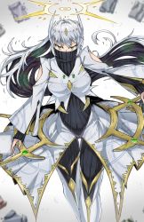 1girl arceus covered_mouth creatures_(company) game_freak gen_4_pokemon green_eyes halo humanization legendary_pokemon long_hair mythical_pokemon nintendo personification pokemon red_pupils shimure_(460) solo sweater tiara turtleneck turtleneck_sweater very_long_hair