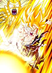 2boys blonde_hair dragon_ball dragonball_z frieza full_body full_power_frieza green_eyes highres male_focus medium_hair motion_lines multiple_boys muscular muscular_male open_mouth orange_pants pants son_goku speed_lines spiked_hair taidon0879 topless_male torn_clothes torn_pants
