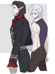 2boys astarion baldur&#039;s_gate baldur&#039;s_gate_3 black_hair cazador_szarr cowboy_shot curly_hair dungeons_&amp;_dragons dungeons_&amp;_dragons earrings elf hair_slicked_back highres jewelry long_sleeves medium_hair multiple_boys pale_skin pants pointy_ears red_eyes short_hair vest white_hair whxqxqaaa!