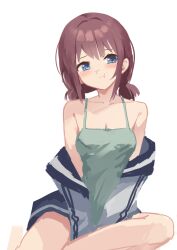 1girl :t averting_eyes blue_eyes blush bocchi_the_rock! breasts brown_hair cleavage collarbone commentary cosplay danraz0r dress english_commentary feet_out_of_frame girls_band_cry green_dress hair_between_eyes highres hiroi_kikuri hiroi_kikuri_(cosplay) hood hooded_jacket iseri_nina jacket jacket_partially_removed low_twintails medium_breasts medium_hair pout short_twintails sidelocks simple_background sitting solo spaghetti_strap twintails white_background white_jacket